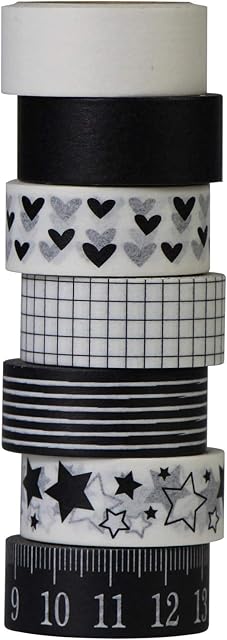 aufodara 7 Rolls Washi Tape Set Black White Masking Tape Sticker Paper Adhesive Band Deko Scrapbooking DIY Gift Wrapping Crafts