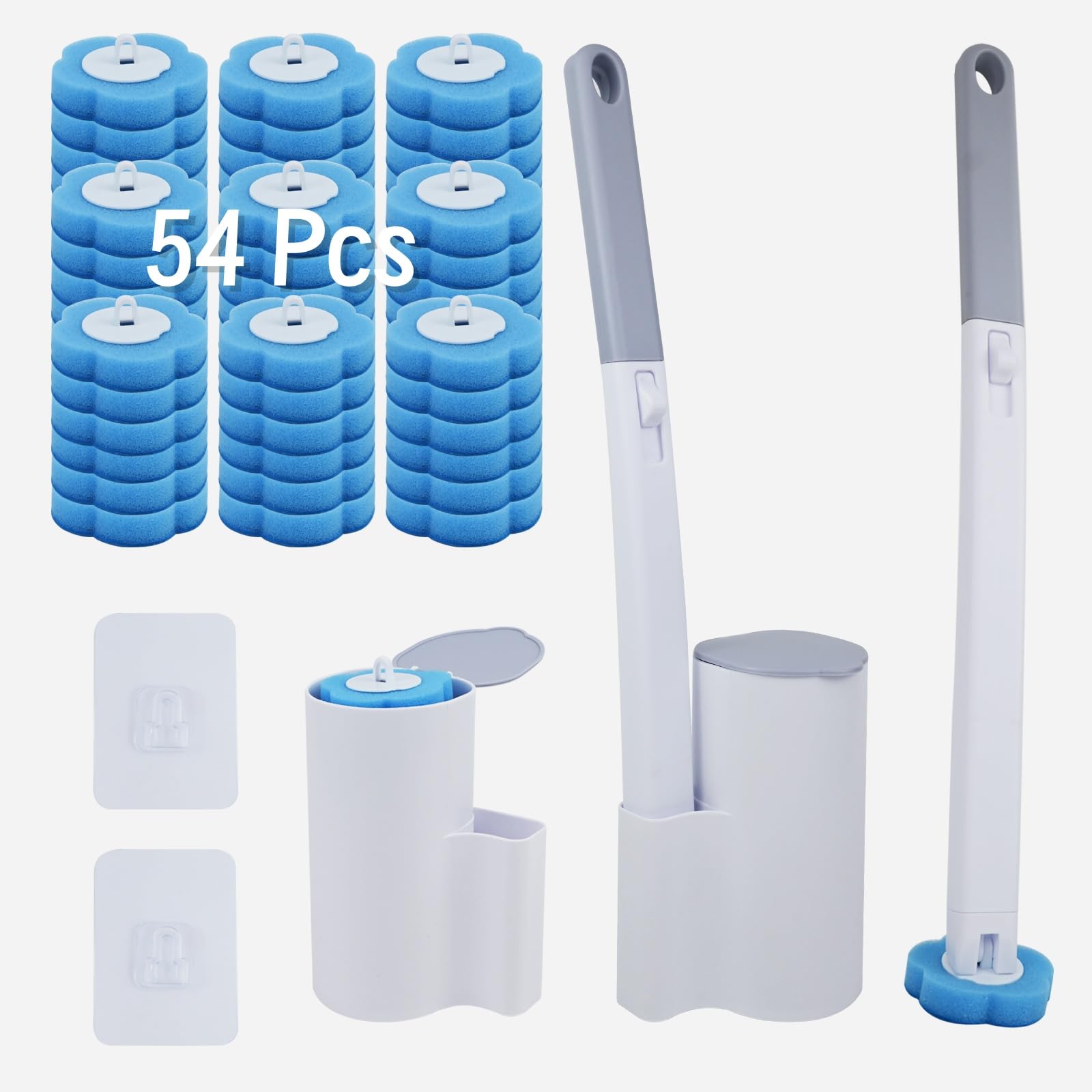 Scopino Bagno WC, Spazzola per WC Monouso Set - 54 Ricariche con Profumo di Oceano, Manico Allungato e Supporto Adesivo Senza Trapano, Spazzola WC Accessori Bagno per Pulizia Profonda