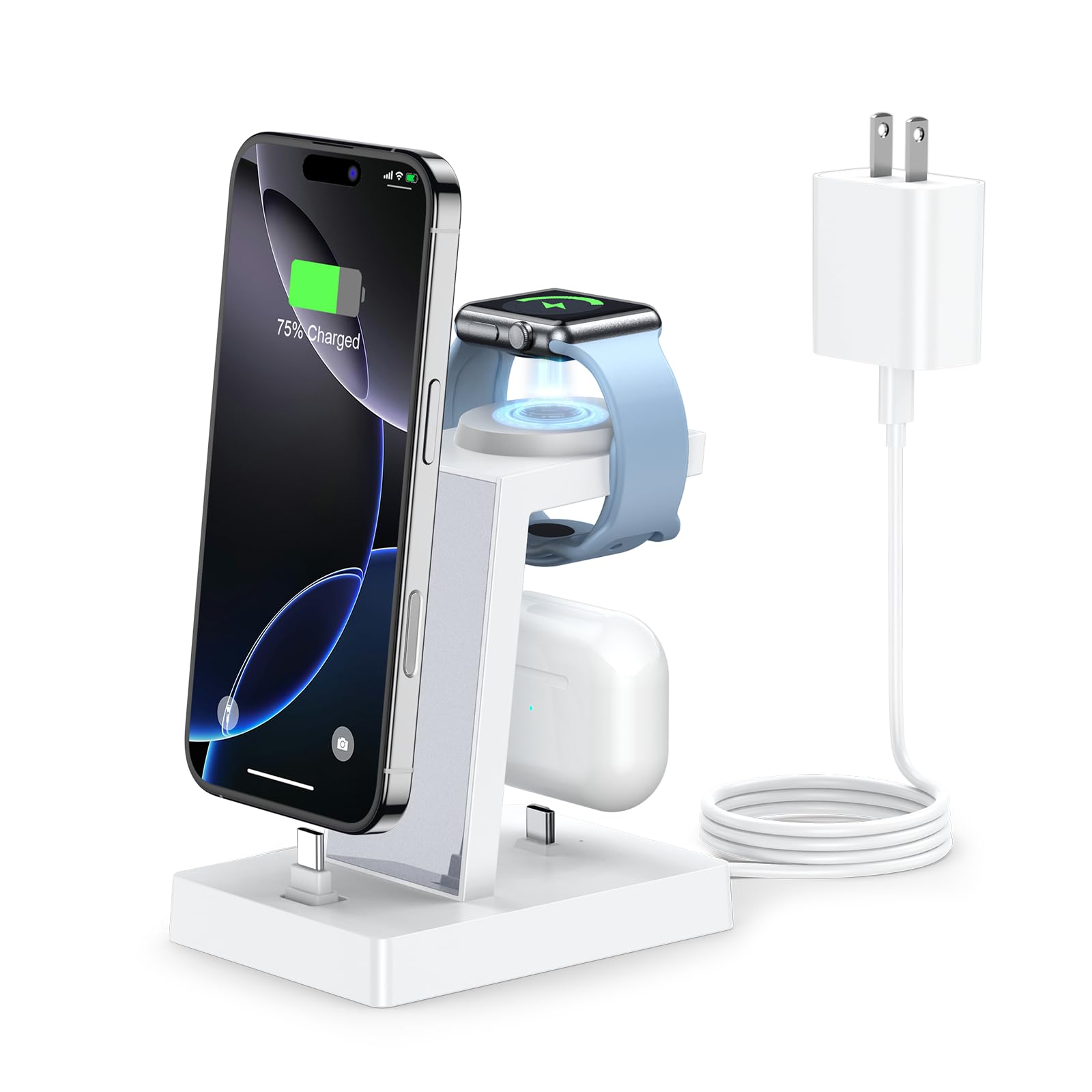 30W Fast Charging Station for Apple Devices - ADADPU 3 in 1 USB C Charger Stand for iPhone 17 16 15 Pro Max Plus & AirPods 4,Wireless Charger Dock Compatible with Apple Watch Ultra/10/9/8/7/6/5/4/3/SE