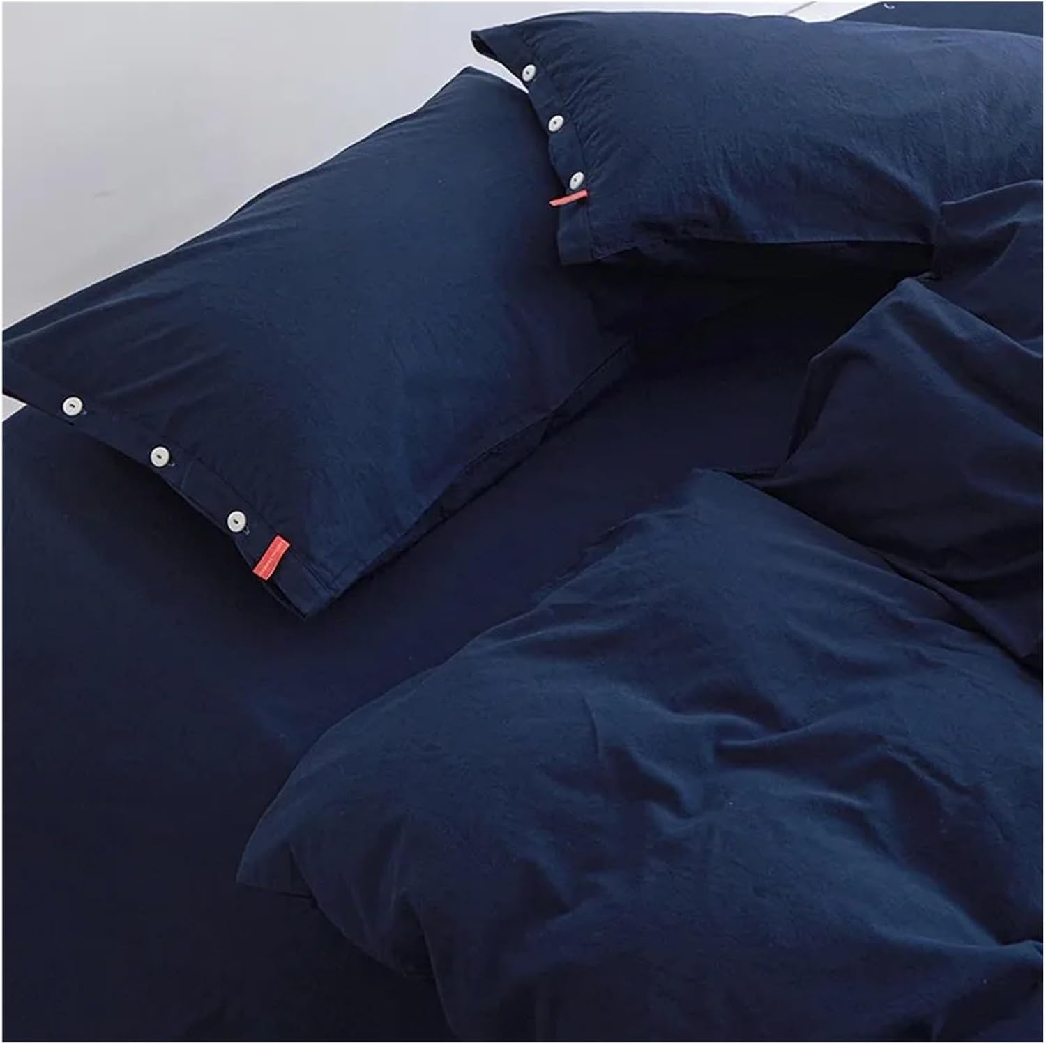 100% Washed Cotton Linen Feel Soft Comfy 4Pcs Bedding Set Solid Navy Black Button Closure Duvet Cover 1 Bed Sheet 2 Pillow Shams,Bed