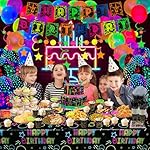 Glow Neon Party Supplies - Neon Balloon, Glow in the Dark Happy Birthday Banner, Hanging Swirls, Cake Topper, Tablecloth, Plates, Napkins, Cup for Blacklight Party Decorations, Serves 20 Guest - Image 4