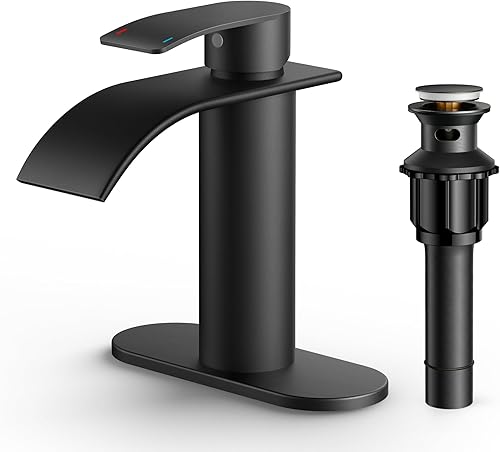 FORIOUS Grifo de baño de un solo agujero negro, grifo de baño de cascada negro mate, grifo de baño con montaje de drenaje desplegable de metal,