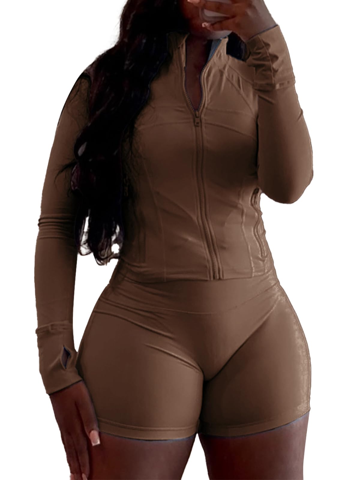 XZLUFNY Two Piece Short Sets for Women Long Sleeve Sport Jacket Bodycon Short Tracksuit Sweatsuit