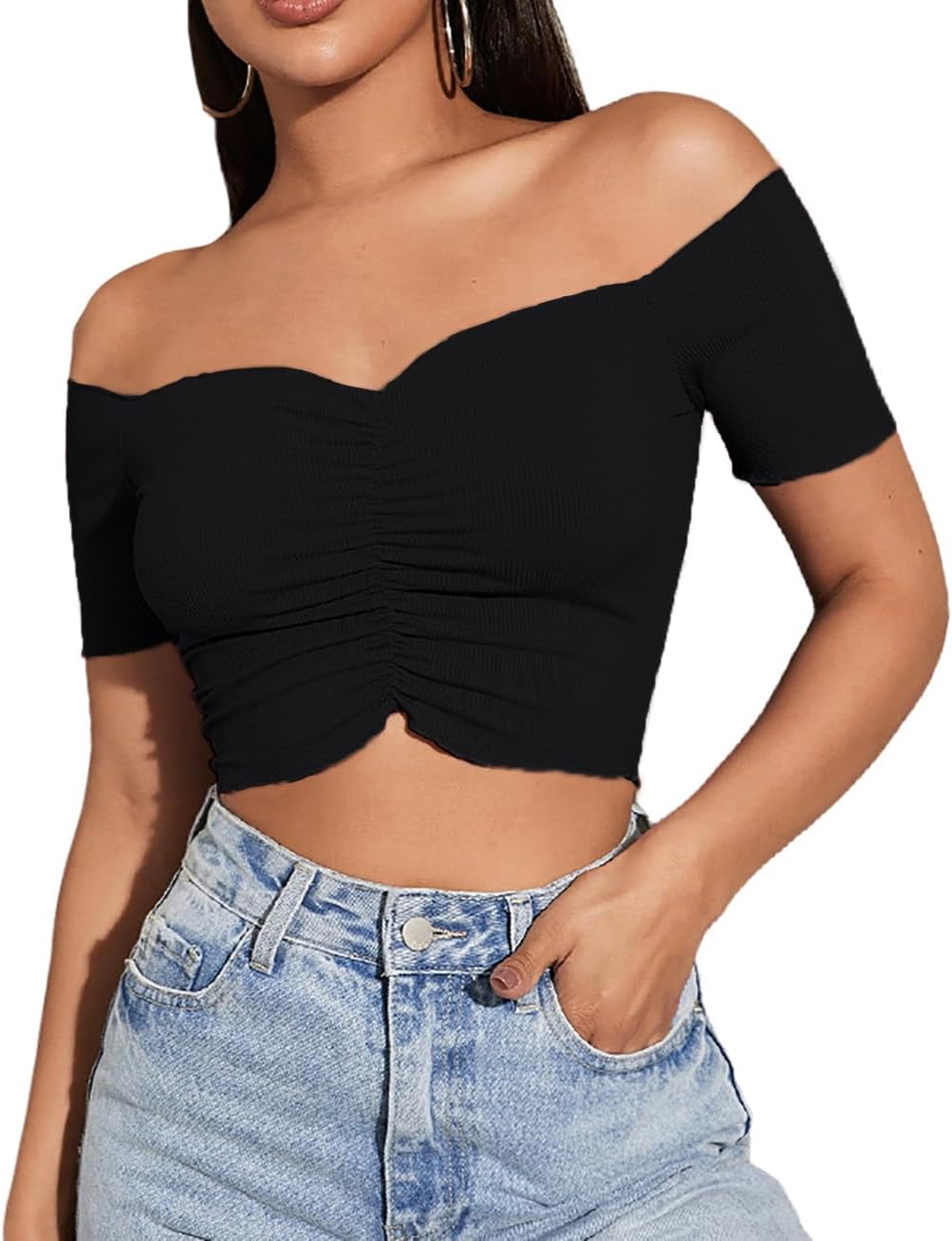 LYANER Women's Off Shoulder Ruched Short Sleeve Rib Knit Sexy Crop Top Blouse - Image 2
