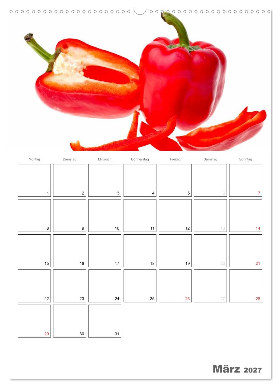 CALVENDO - Frische Küche - Der hilfreiche Monatsplaner/Planer (hochwertiger Premium Wandkalender 2027 DIN A2 hoch), Kunstdruck in Hochglanz: Kunstvoll zubereitete Speisen und frische Zutaten bilden