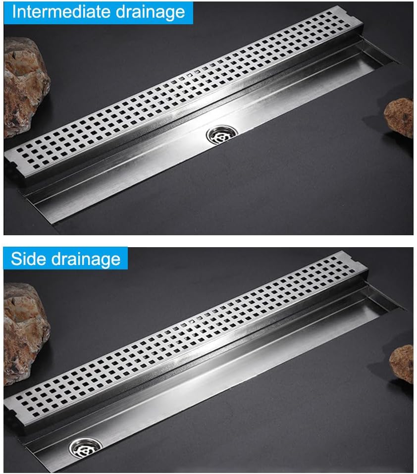 Long Square Floor Drain Shower Stainless Steel Waste Drain Linear Cover Bathroom Accessories for Kitchen Toilet Laundry,60x6.8cm Side