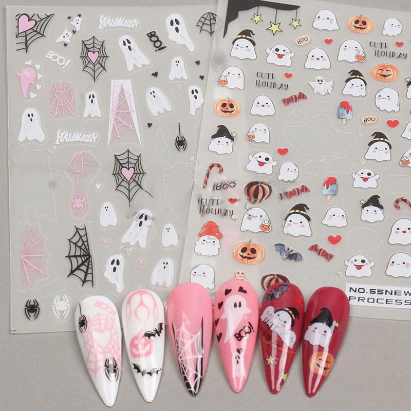 Miniatura 3 de 6 hojas de calcomanías de Halloween para decoración de uñas de calabaza, calcomanías 3D autoadhesivas para uñas de Halloween con diseño de telaraña