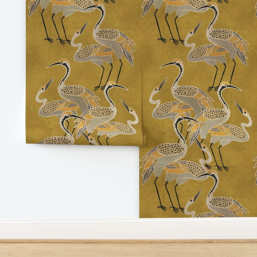 Peel & Stick Wallpaper Swatch - Gold Chinoiserie Vintage Cranes Stork Heron Light Cream Soft Gold Animalier Custom Removable Wallpaper by Spoonflower