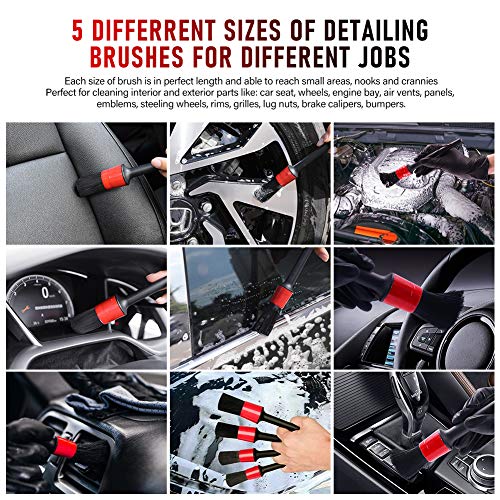 6 PCS Car Wheel Brush Cleaning Set, 16.5 Inch Long Soft Bristle Tire Brush and 5 Different Sizes Detailing Brush Kit For Washing Wheels Rims Exhaust Tips Vehicle Engine Air Vents And Interior