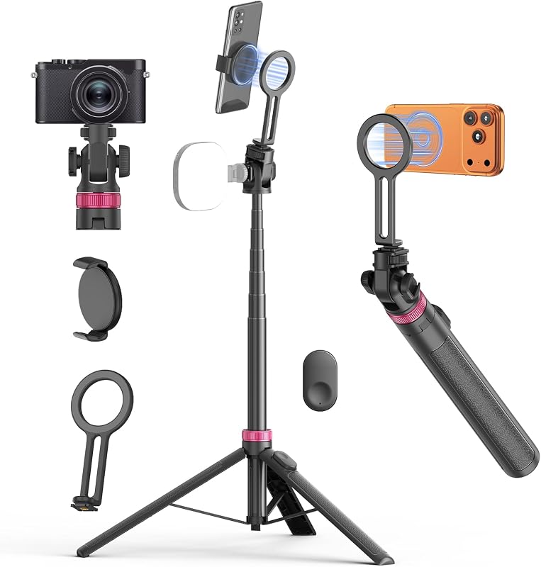 69" Magnetic Phone Tripod Stand Selfie Stick with Remote & Phone Mount | Portable Stand holder Rechargeable with Tripod Leg，360°Rotatable Travel Tripod Compatible for iPhone/Android/Magsafe