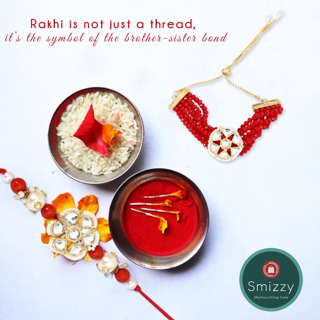 Smizzy Rakhi Set for Brother and Bhabhi Combo hamper of 2 With Designer Kundan Lumba Bracelet for Bhabhi With Roli Chawal, Raksha Bandhan Greeting Card and Printed Potli Bag (Rakhi 1) 2