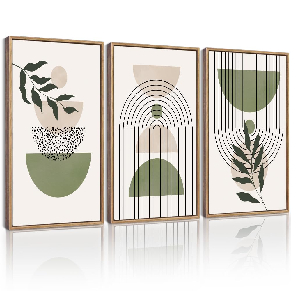 drsoum large 16x24in green botanical boho wall art framed modern sage bohemian wall decor abstract geometry lines prints ready to hang natural framed