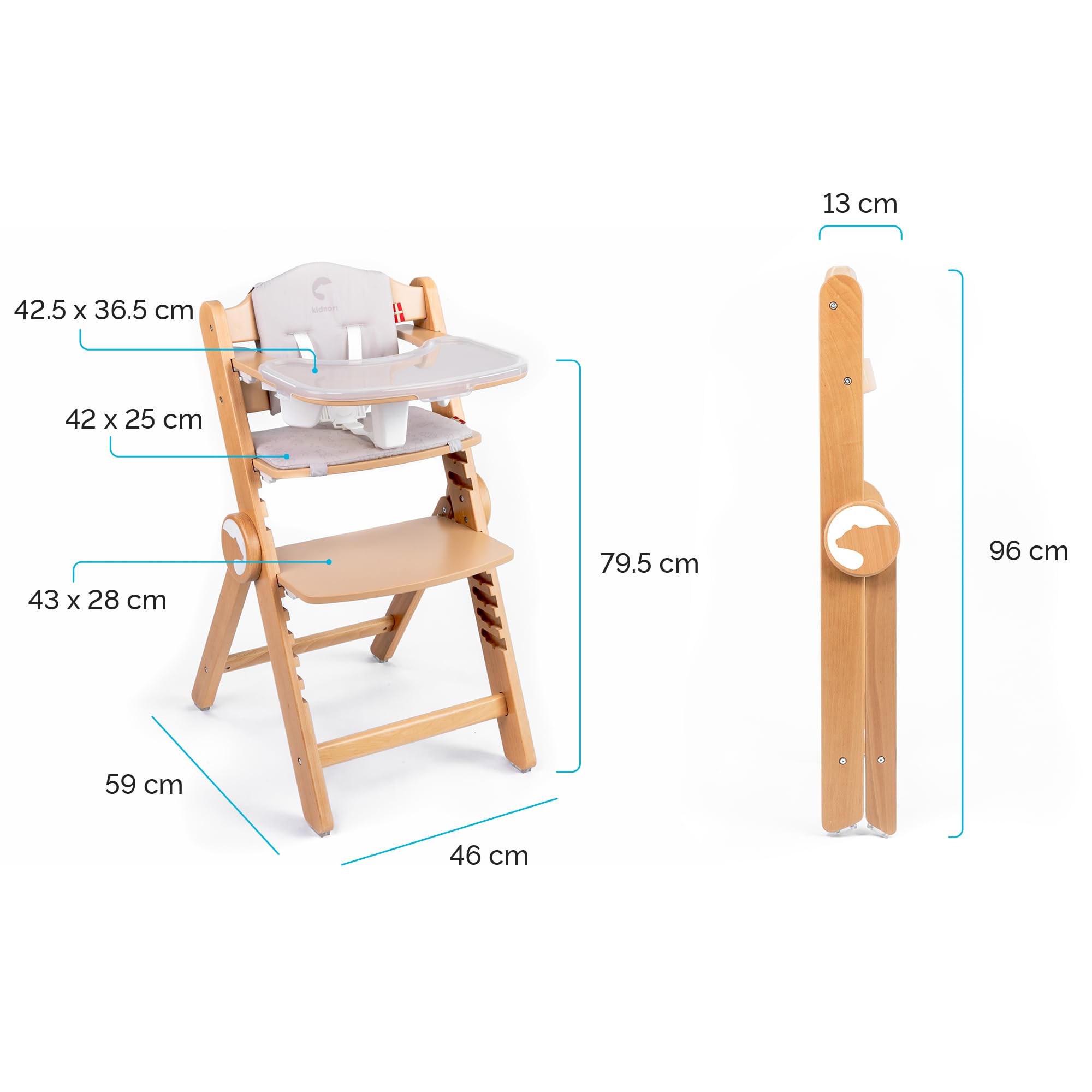 Holzhochstuhl Drömmer Unique bis 75kg Mitwachsender Faltbarer Hochstuhl aus Buche für Kinder mit Sitzkissen 5 Punkt Gurt zusätzliche Ablage Schrittgurt 9 Höhenverstellungen Schutzbügel Natural