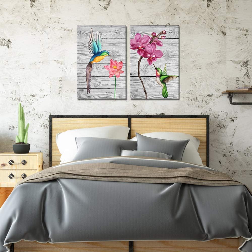 Buy 1 get 1 SkenoArt 2 Piece Bird Canvas Wall Art Hummingbird Lotus and Butterfly Orchid Picture Red Floral and Animal Painting Artwork Residence Decoration Kitchen Bedroom Bathroom Home Decor 16x24x2 PCS