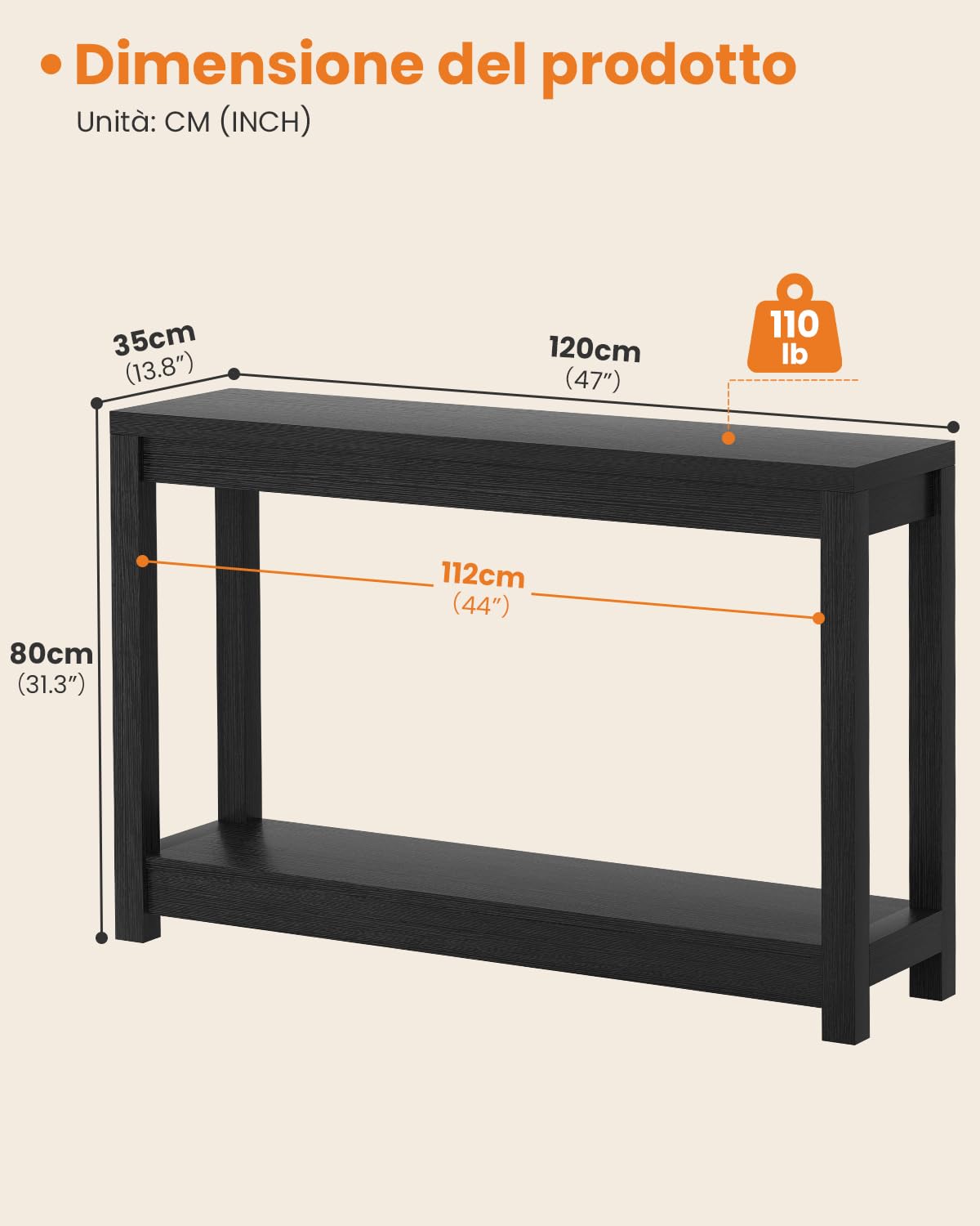 iSunirm Tavolino Console Stretto 120cm, Mobile Ingresso in Legno Stile Farmhouse, Consolle Sottile con Ripiani, Tavolo Dietro Divano o Libreria Salvaspazio, Nero Venatura a Rilievo