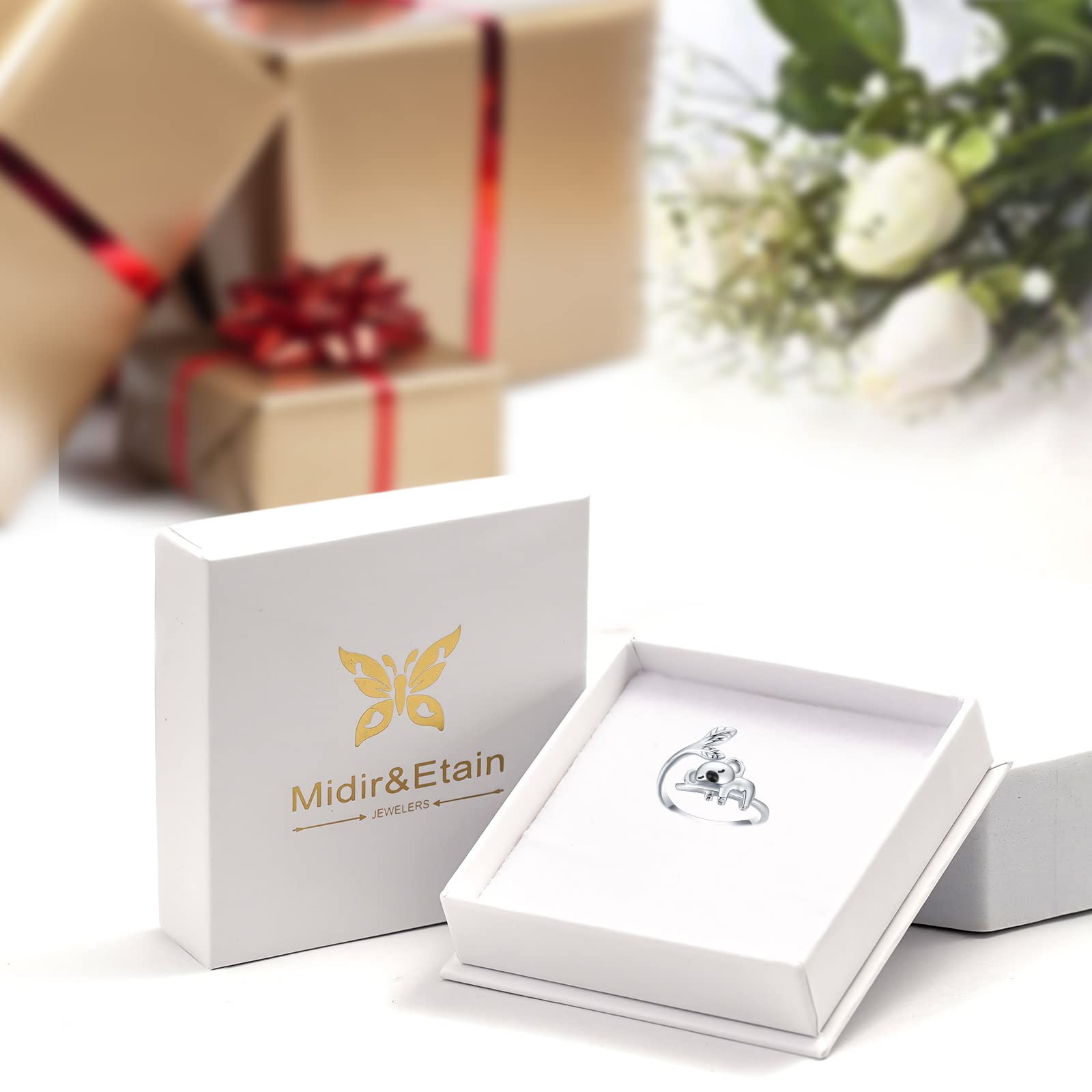 Koala - Anillo de plata de ley 925 para mujer, diseño de koala ajustable, abierto, con bonito animal para niñas