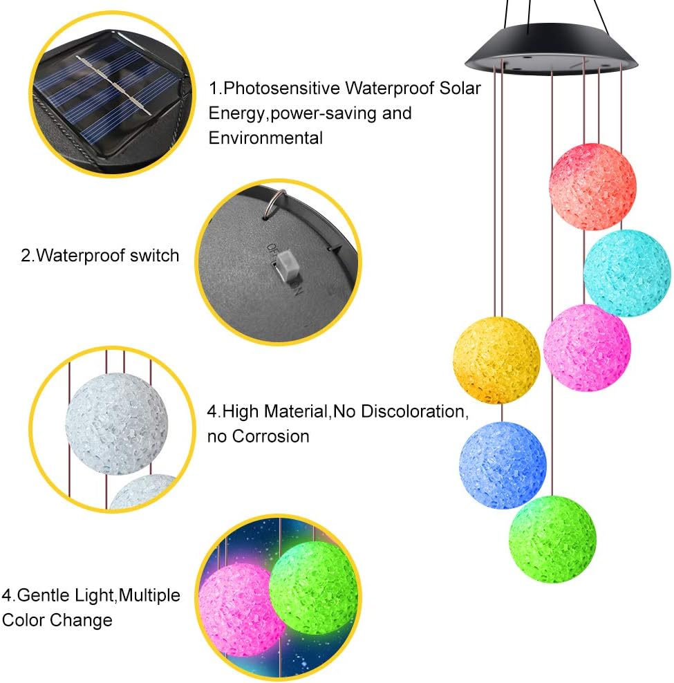 ERYTLLY Solar String Lights, Color Changing LED Mobile Hummingbird Wind Chimes, Waterproof Outdoor Solar Lights for Home Yard Patio Garden (Ball)