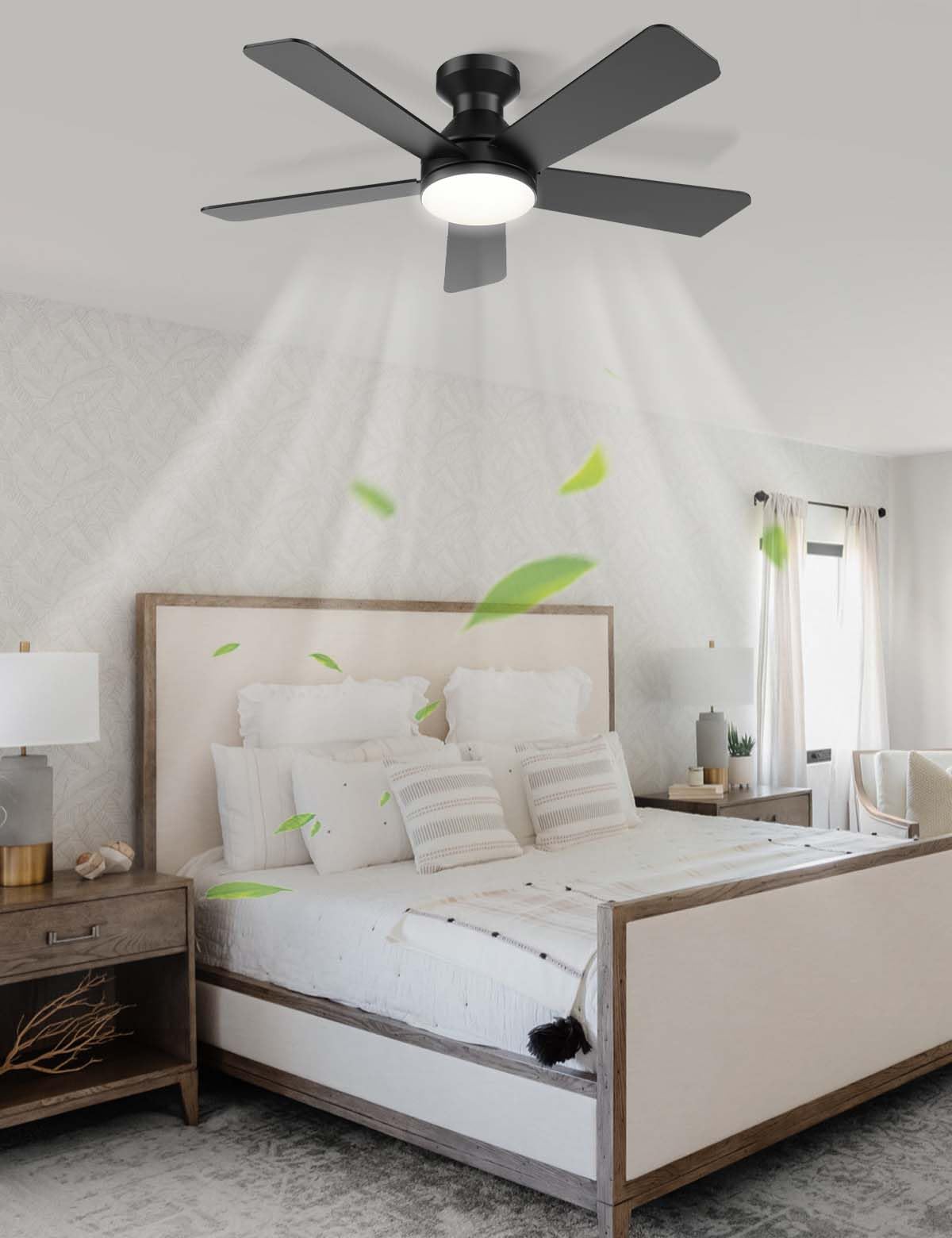Ventilatore da soffitto silenzioso da 42 pollici con luci, controllo remoto e tramite app, timer, motore CC reversibile, 5 pale, 6 velocità, luci LED dimmerabili per camera da letto, soggiorno e cuci