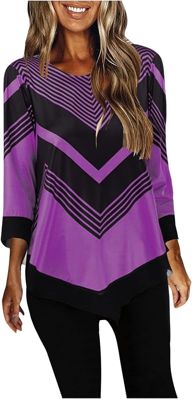 Amazon.com: Blusa de manga 3/4 para mujer, cuello redondo, casual,  dobladillo irregular, color bloque, blusa con estampado floral : Ropa,  Zapatos y Joyería