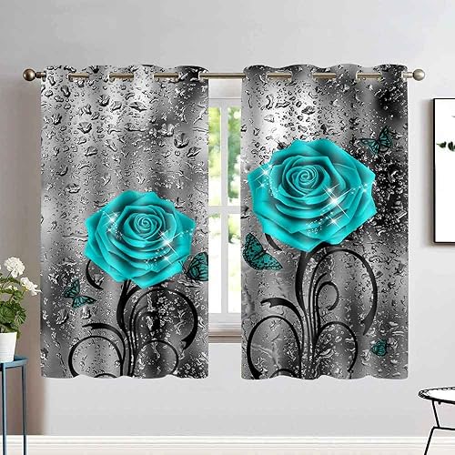 Cortinas de color verde azulado y gris, turquesa y rosa, diseño floral, gris, decoración de dormitorio, cortinas opacas para ventana para dormitorio
