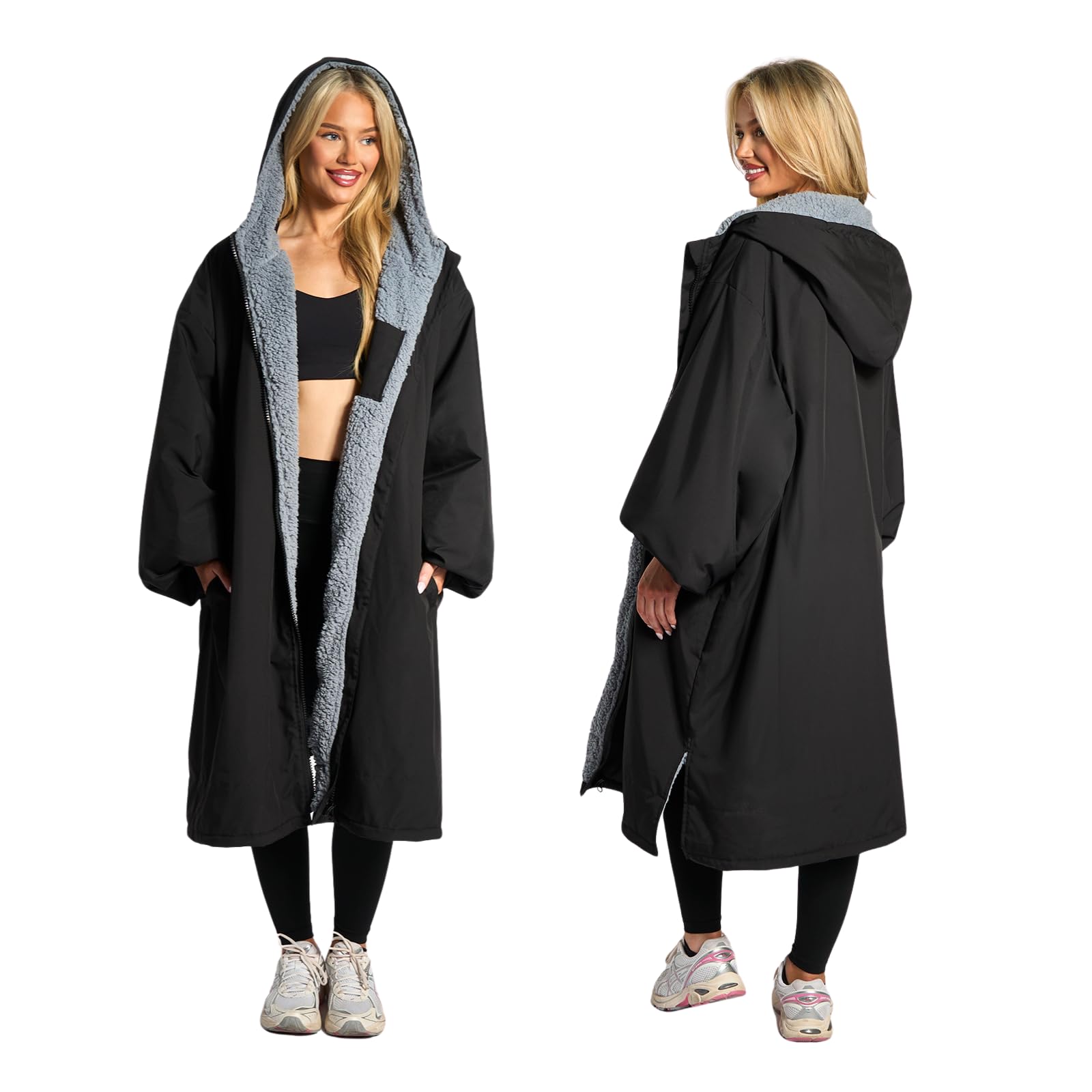 OHS Changing Robe for Men & Women, Oversized Waterproof Privacy Drying Robe Coat with Pockets Fleece Lining Long Sleeve Hooded Jacket for Beach Surfing Lounging - Black, L/XL