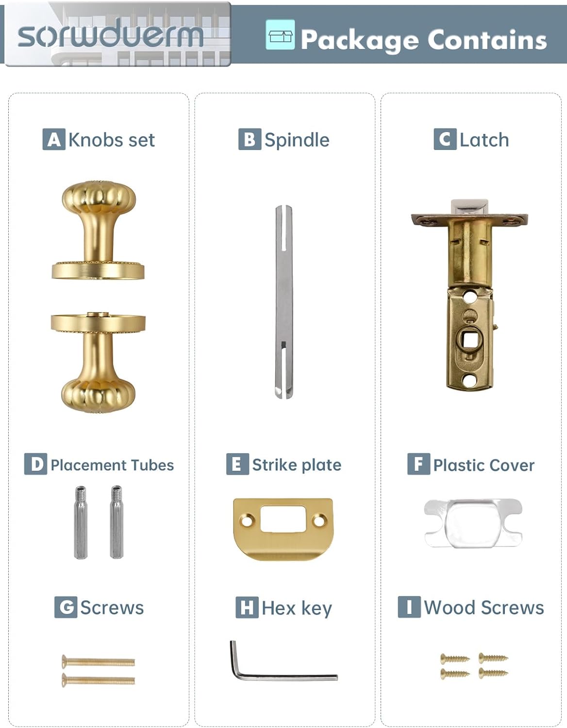 Gold Door Knobs Passage Door Knobs Brushed Gold Interior Satin Brass Door Knob for Hall and Closet,Zinc Alloy 1 Pack