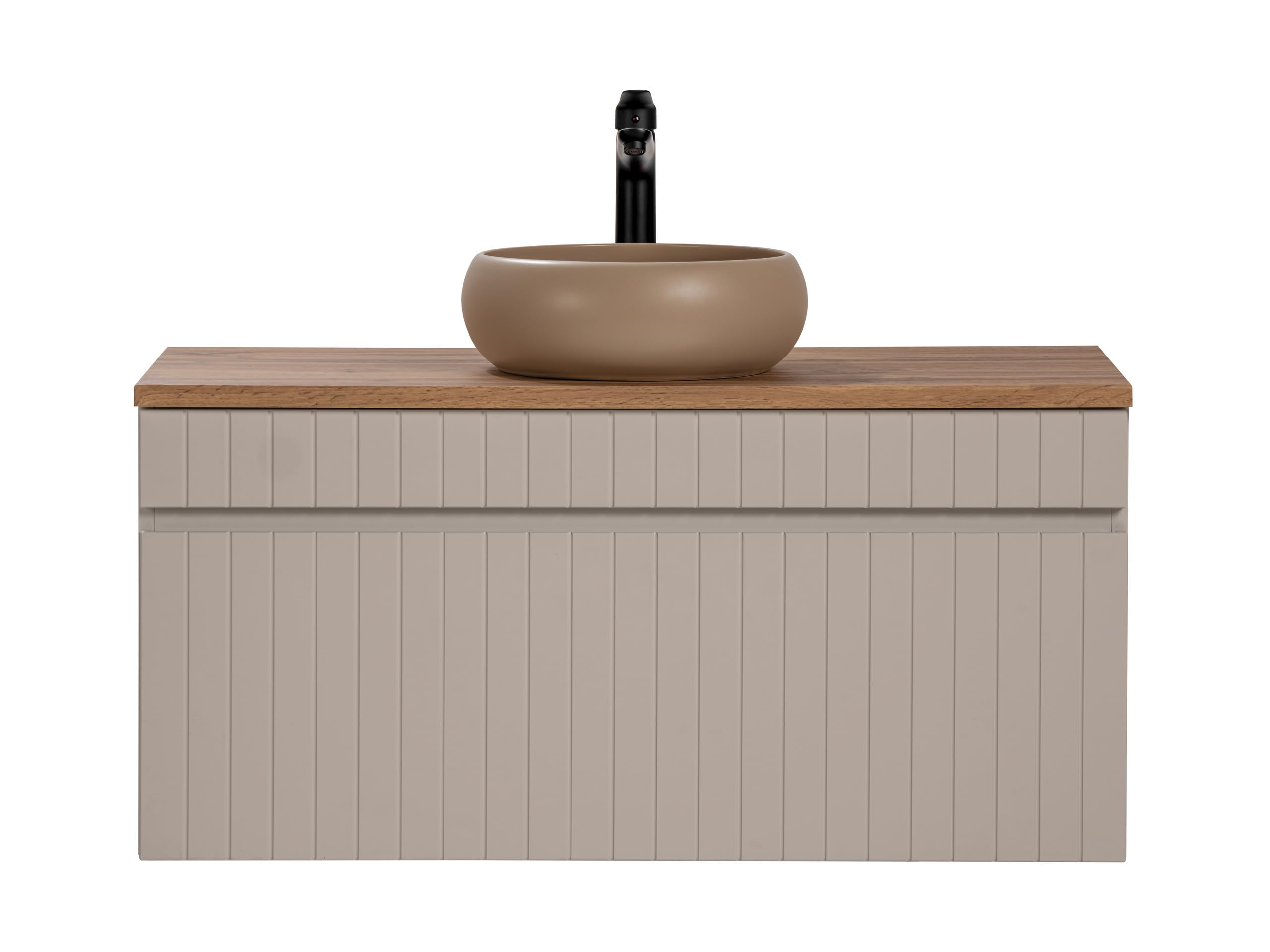Mueble de Lavabo 100 cm Iconic Cashmere, Mueble de baño Colgante, Mueble de baño con encimera, Puertas acanaladas, Color Cachemir (con encimera Roble)
