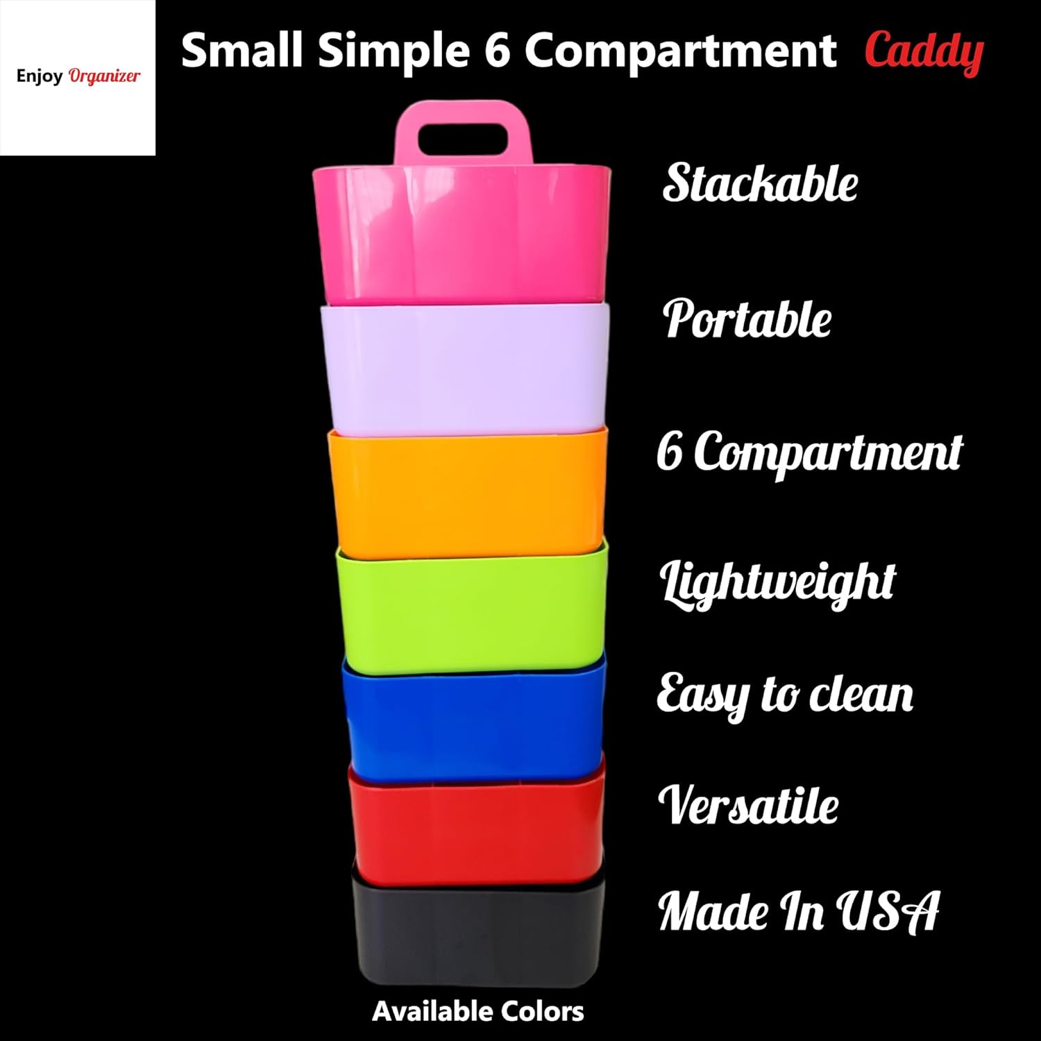 Small Stackable Plastic Caddy with Handle 6 Compartment | Desk, Makeup, Dorm Caddy, Classroom Art Organizers - 4 Pack, Made In USA (Blue)
