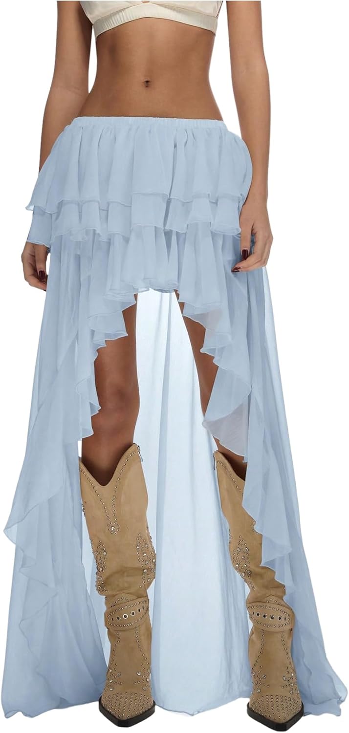 OYOANGLE Women's Boho Layered Ruffle Chiffon Maxi Skirt Y2K Elastic Cowgirl Western Asymmetrical Skirts