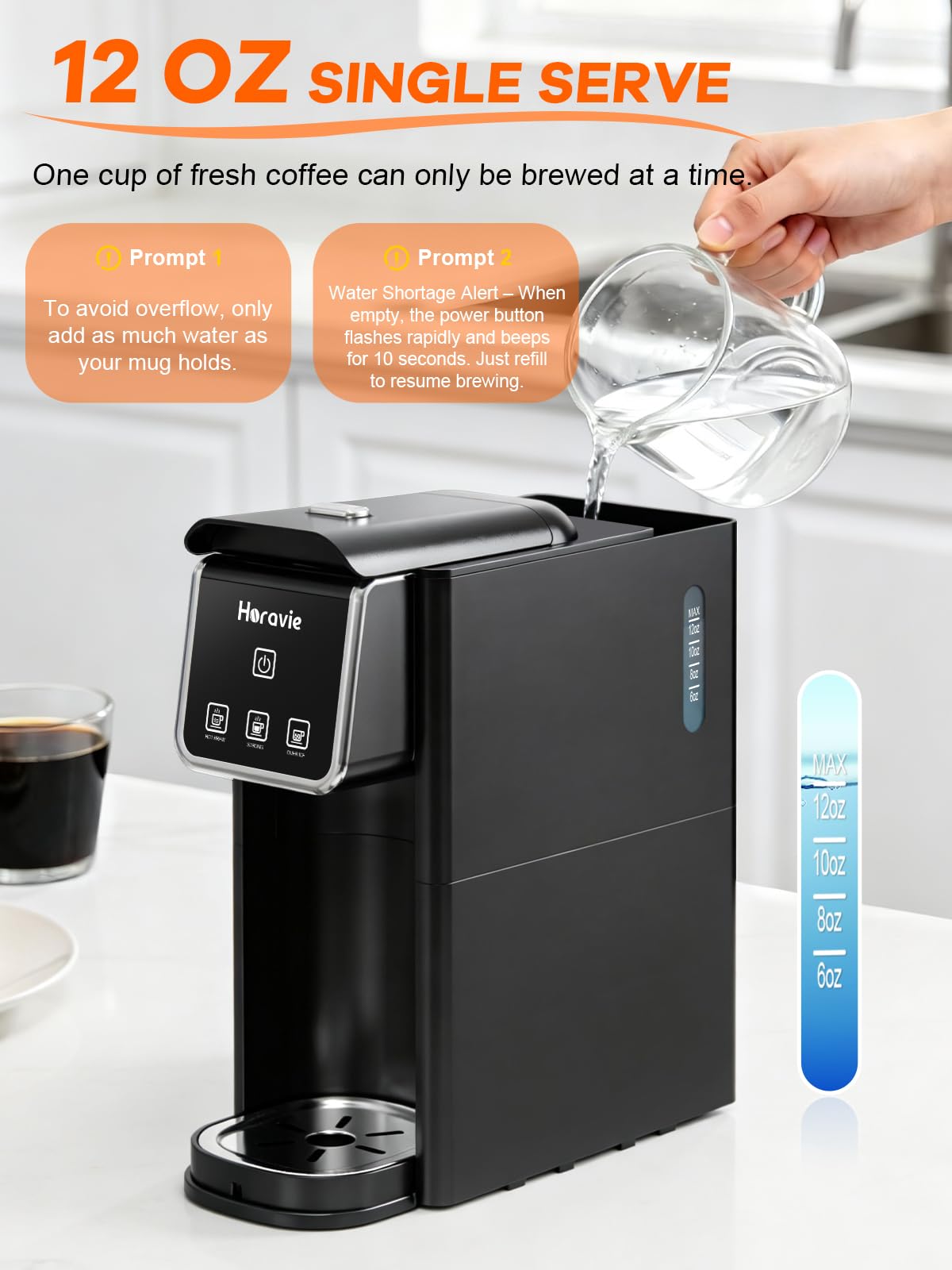 Horavie Mini Single Serve Coffee Maker, Hot & Iced Coffee Maker for K-Pod and Grounds, 6-12 oz Brew Sizes One Cup Coffee Machine, Strong Brew Setting, Black — view 7
