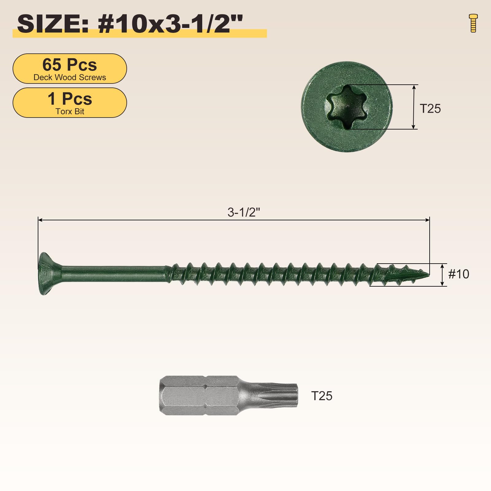METALLIXITY Deck Screws (#10x3-1/2") 65Pcs, Carbon Steel Wood Screw Decking Screws Epoxy Coated with T25 Torx Drive Head - Image 2