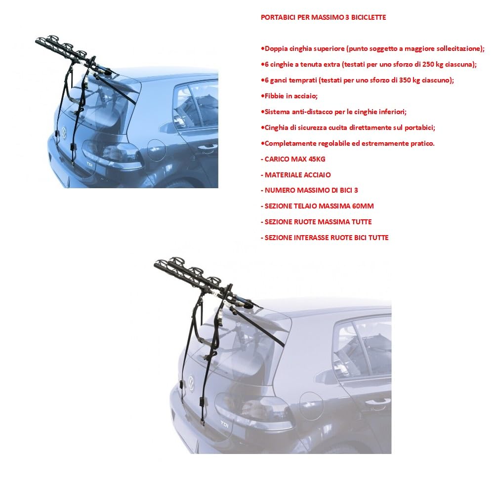 COMPATIBILE CON Volkswagen Up 3p (11-15) PORTABICI POSTERIORE PER AUTO PER 3 BICI PORTA BICICLETTE IN ACCIAIO PER COFANO AUTO RETRO PER 3 CICLO CON REGOLAZIONI DI CINGHIE