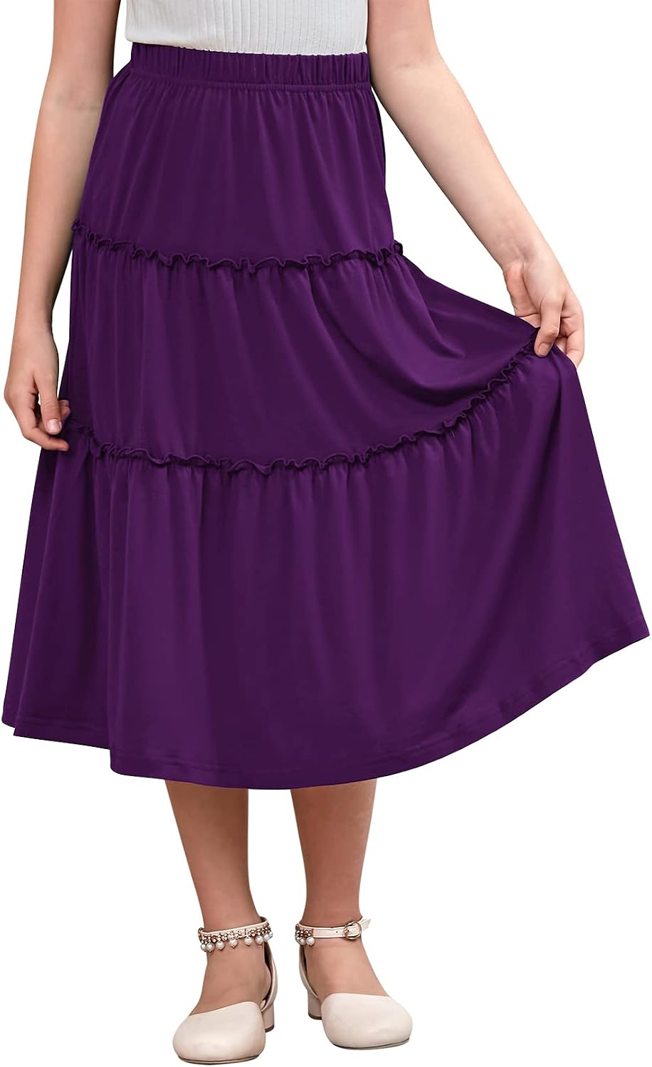 GORLYA Girls Boho Casual Elastic High Waist Tiered Ruffle Hem Long Swing Maxi Skirt 4-14T