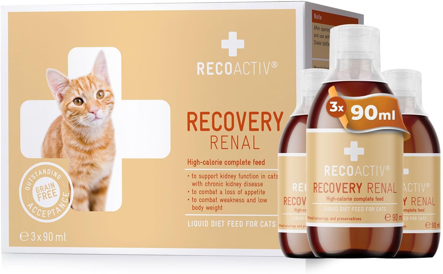 Recovery Renal for cats, 3 x 90 ml, high-calorie complete diet food for cats with kidney dysfunction and increased energy requirements during recovery, to promote weight gain