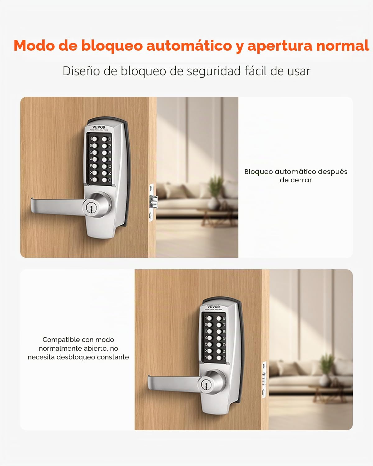 VEVOR Cerradura de Combinación Mecánica con Teclado de Una Cara 14 Teclas, Cerradura de Puerta con Manija y Llaves, Bloqueo de Código Incorporado para el Hogar, Oficina, Exterior, Cerca, Plateado