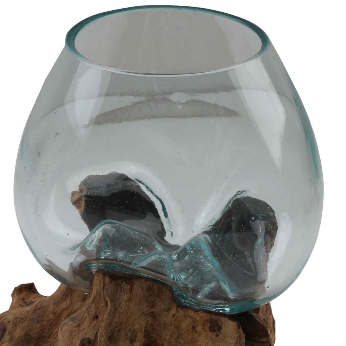 Vaso In Vetro Riciclato Su Radice Di Teak - A20 - H 27 Cm - Pezzo Unico Fatto A Mano - Decorazione Casa Stile Boho