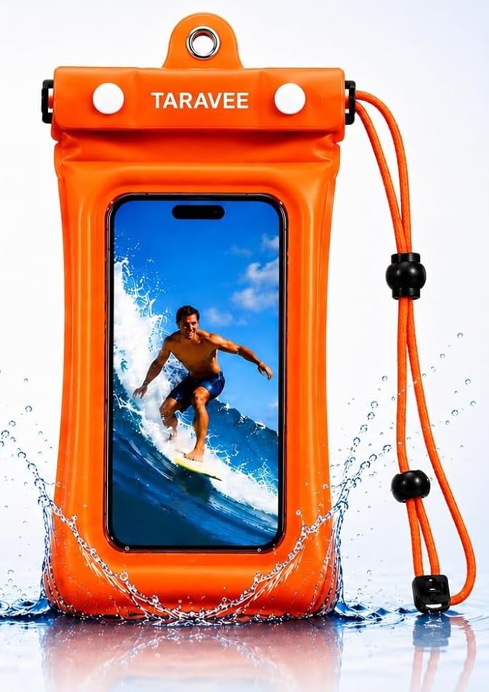 Image of Waterproof Phone Pouch, IPX8 Universal Waterproof Phone Case Dry Bag with Lanyard for iPhone 14 13 12 11 Pro Max XR X XS SE 8 Plus Samsung S23 S22 Ultra S21 S10 S9 (Orange- Floting)