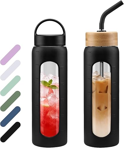 Miniatura 12 de Botella de agua de vidrio de 32 onzas, vaso de vidrio de 1 litro con pajilla, botellas reutilizables con 2 tapas, tapa con asa y tapa de popote de