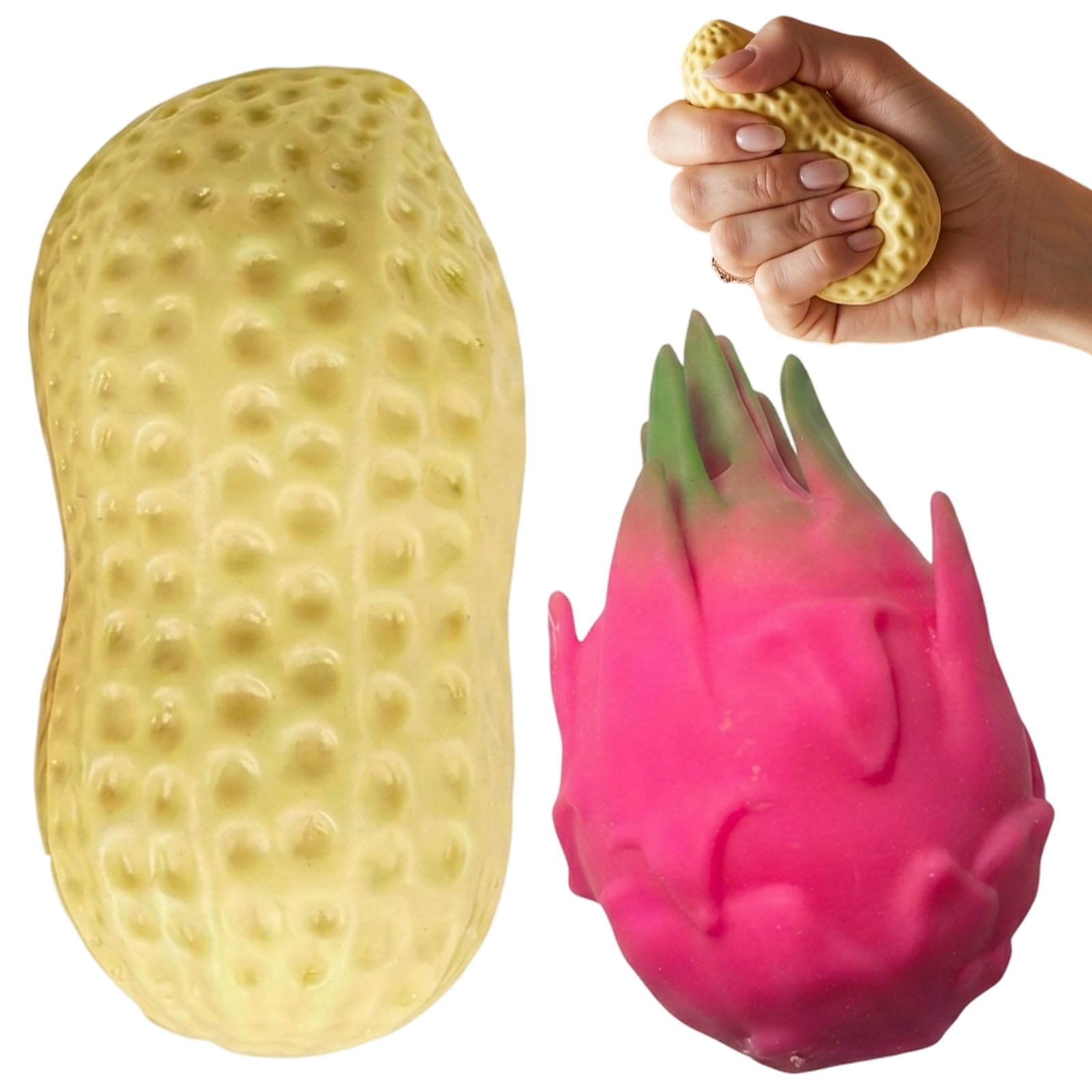 2 PCS Peanut Squishy and Dragon Fruit Squishy, Fruit Squishies for Relaxation, Jumbo Squishies Used for Office Workers to Focus and Travelers to Recreational Activities