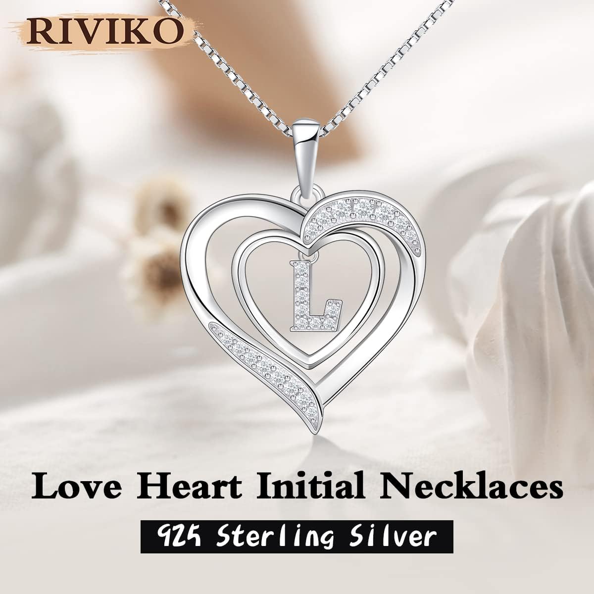 RIVIKO Heart Initial Necklace for Women, 925 Sterling Silver Letter Pendant,Personalized Charm Alphabet Jewelry Valentines Mother's Day Anniversary Christmas Birthday Gifts for Women Her Mom Wife - Image 2