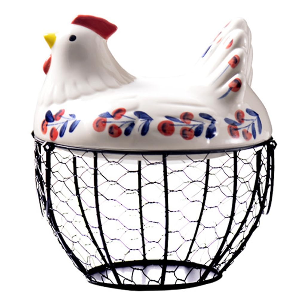 CTRLZS Ceramic Egg Holder with Lid-Hen-Shaped Egg Basket-Farmhouse Style Rustic Kitchen Organizer for Fruits/Veggies
