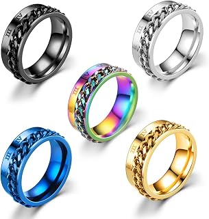 5Pcs Stainless Steel Chain Spinner Rings Set,Punk Roman Numerals Fidget Band Rings,Anxiety Ring Weddings Promise Band for Women Men