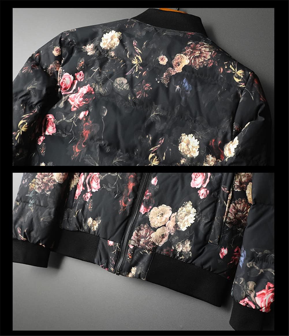 Youllyuu Winter Men's Down Jackets Floral Printed Stand Collar Thick Down Coats Slim Fit Zipper Coats