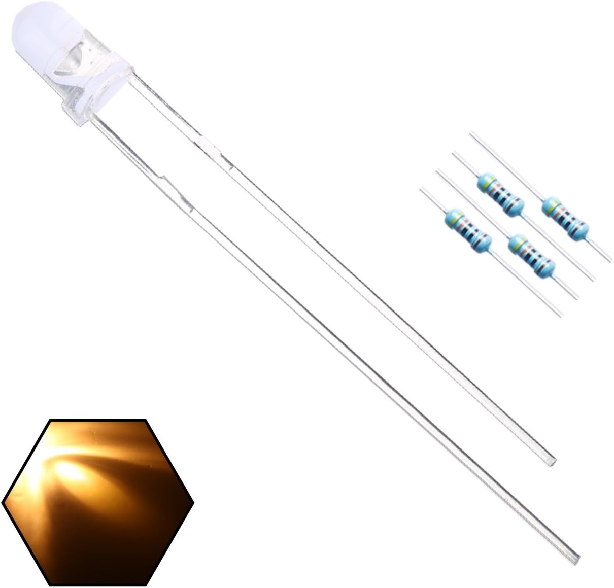 100pcs 3mm Warm White Lights LED Diodes Clear Round Lens 29mm Long Lead (DC 3V) +100pcs Resistors (for DC 6-12V) Included, Bright Bulb Lamps Light Emitting Diode