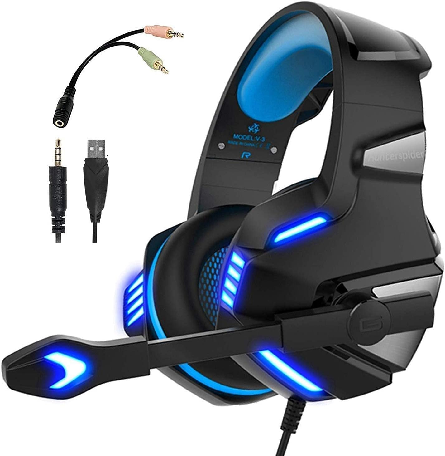 V-3 3.5mm Wired Gaming Headsets Over Ear Headphones Noise Canceling Earphone with Microphone LED Light Volume Control Red for PC Laptop PS4 New XBOX ONE