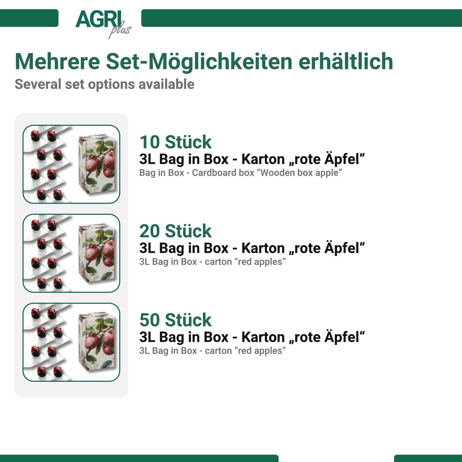 AGRI plus Bag-in-Box-Beutel mit Karton I 3 Liter I 50 Stück I Hochwertiges Saftbeutel-Set mit Rote-Äpfel-Motiv I Bis zu 40 x wiederverwendbar I Standboden-Beutel für Apfelsaft, Saft & Wein