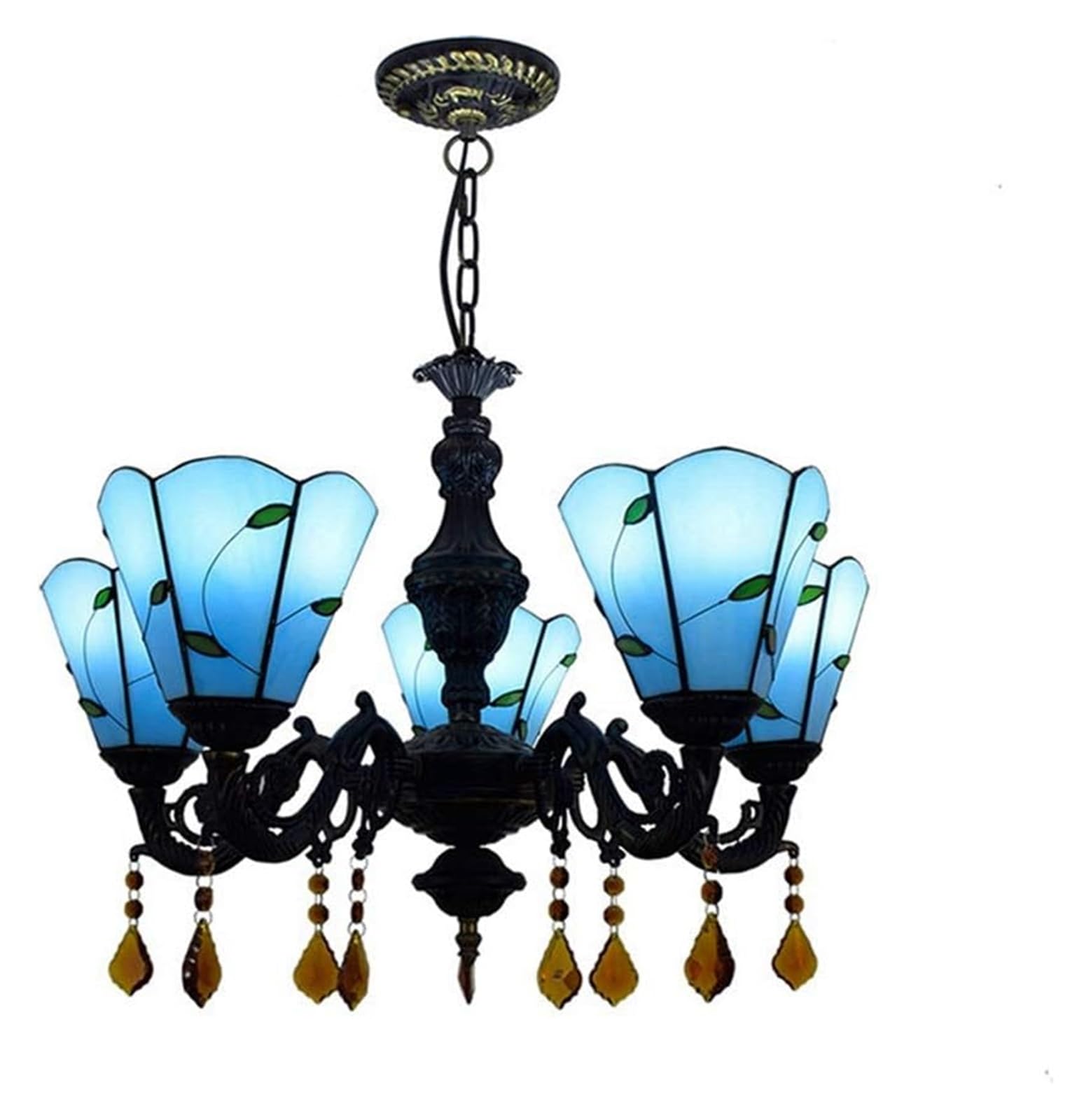 METTEOR Ceiling Lamp Ceiling Pendant Light Fixture 24" Tiffany 5 Heads Chandelier Retro Hanging Light Mediterranean Blue Pendant Light Stained Blue