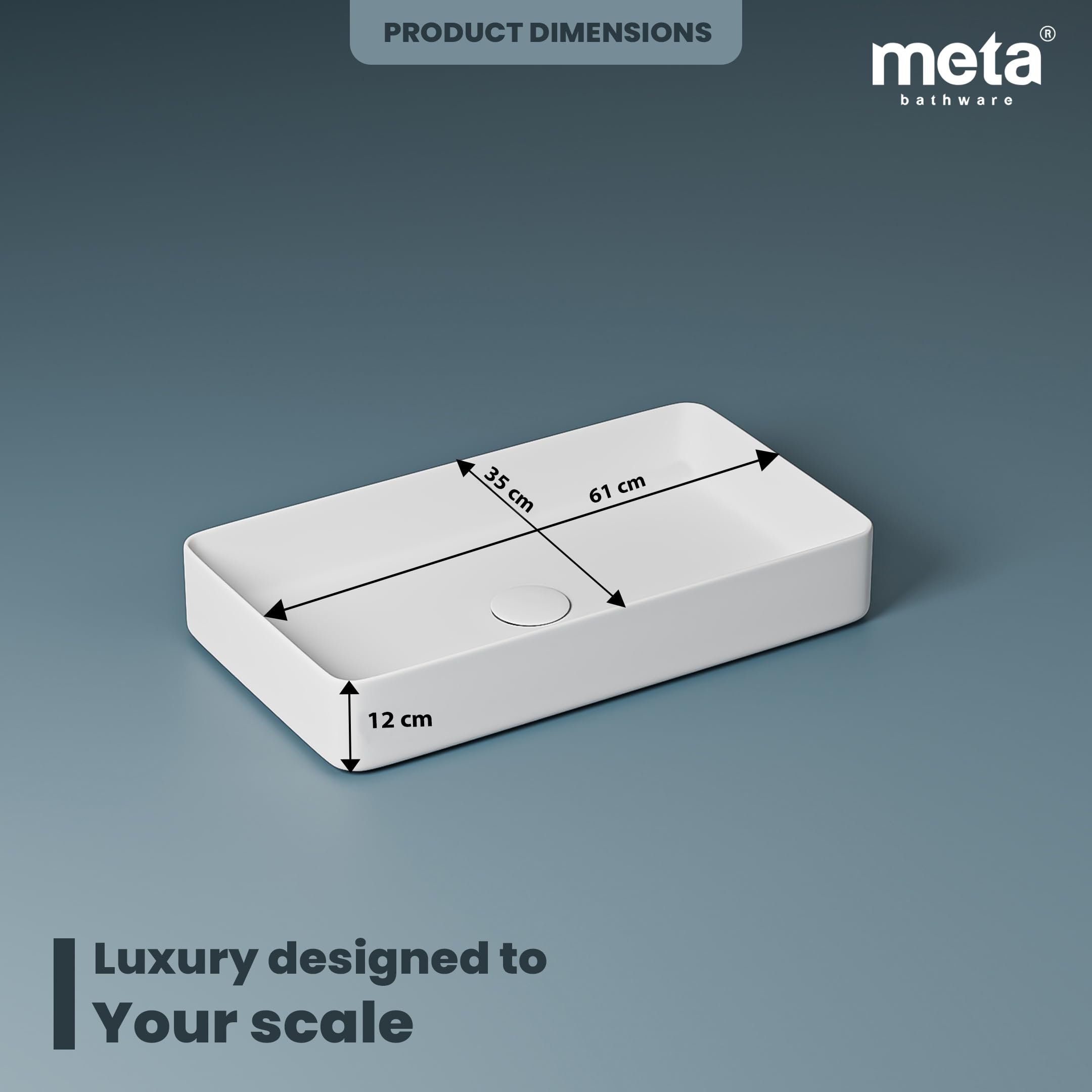 META Premium Rectangular Wash Basin | Contemporary Table Top Ceramic Sink for Bathroom | Sleek Glossy Finish | Modern Sanitary Ware for Home & Office (24x14x5 Inch) 2