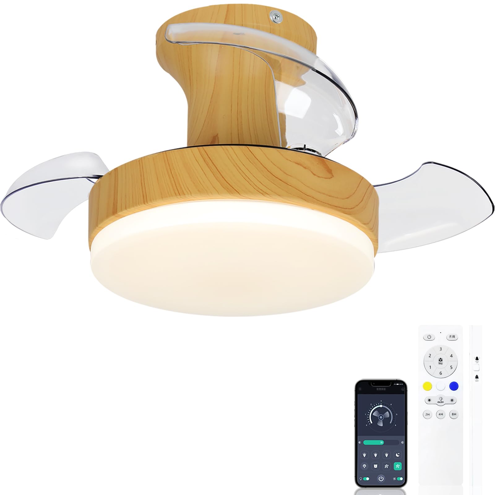 Ceiling Lamp Fan Retractable Folding Hidden Blades, Small Ceiling Fan with Silent Light, 52 cm Faux Wood Colour for Living Room, Bedroom, Small Rooms/Children