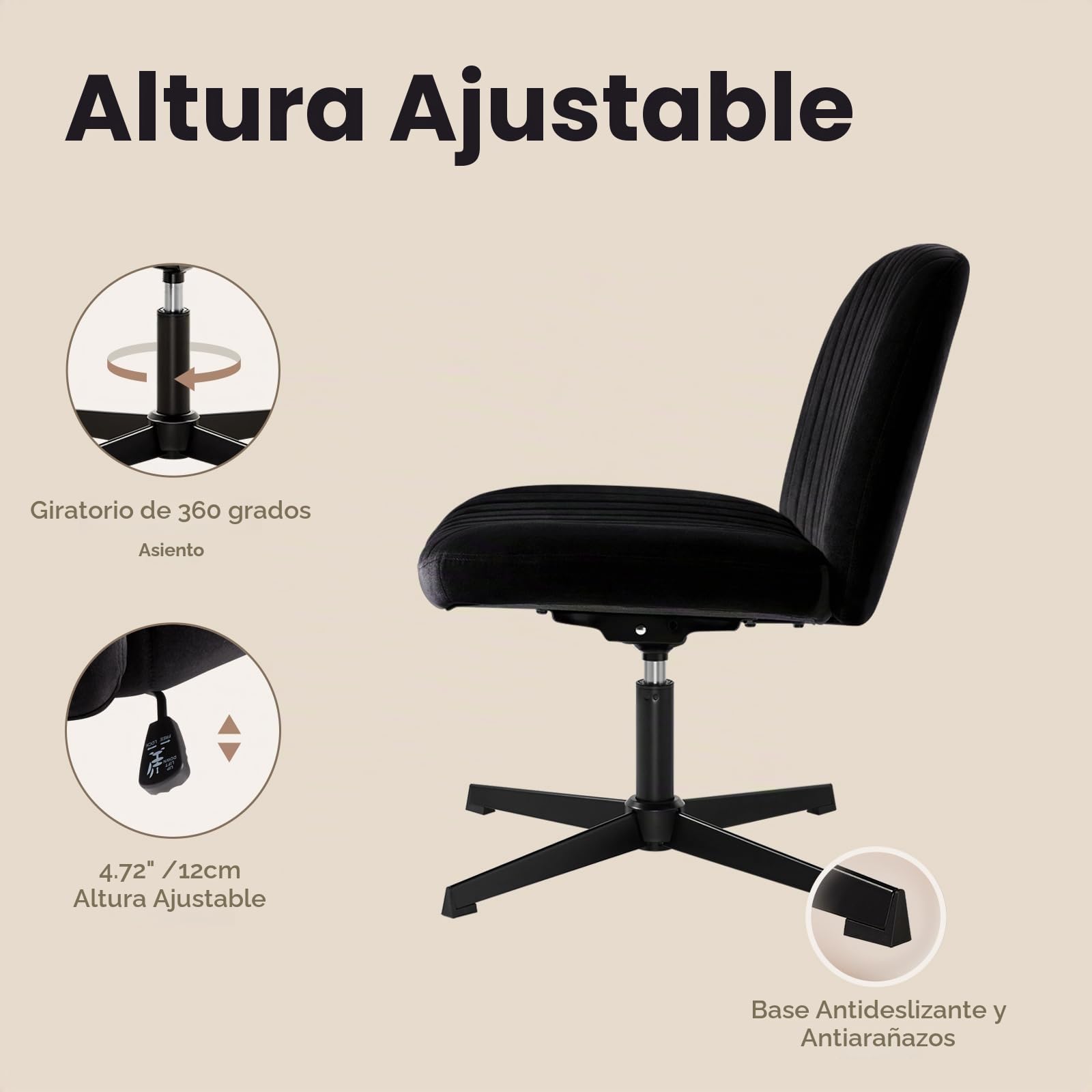 IWMH Silla de Oficina sin Brazos Silla de Escritorio sin Ruedas,Silla de Oficina Tapizada de Terciopelo con Patas Cruzadas,Silla de Ordenador Giratoria de Altura Ajustable para Oficina,Dormitorio